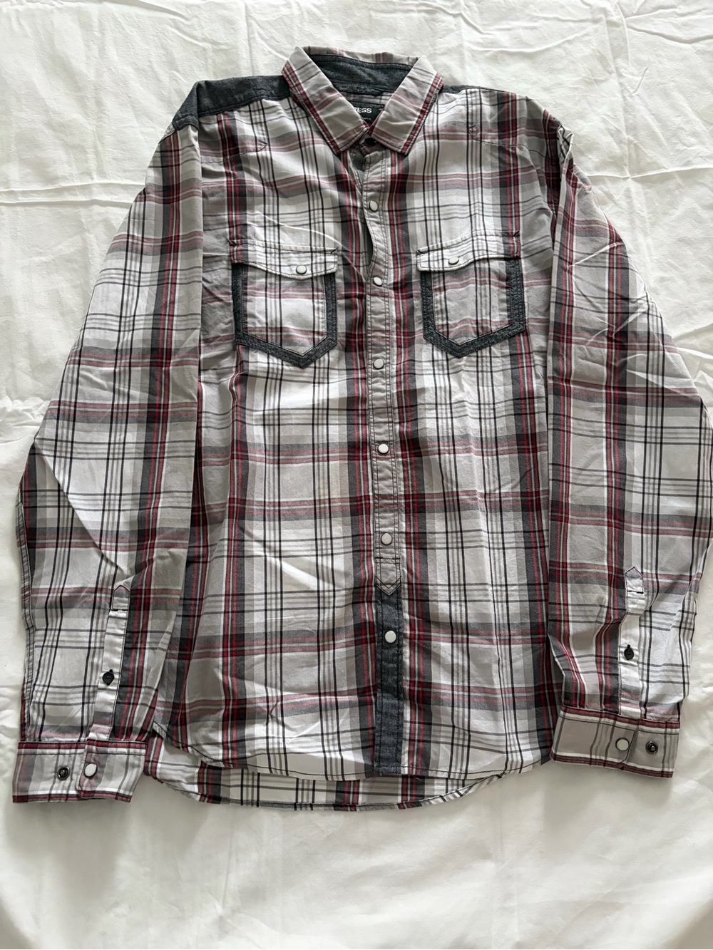 Express Western Plaid Button-Down Shirt with Red & Black Trim